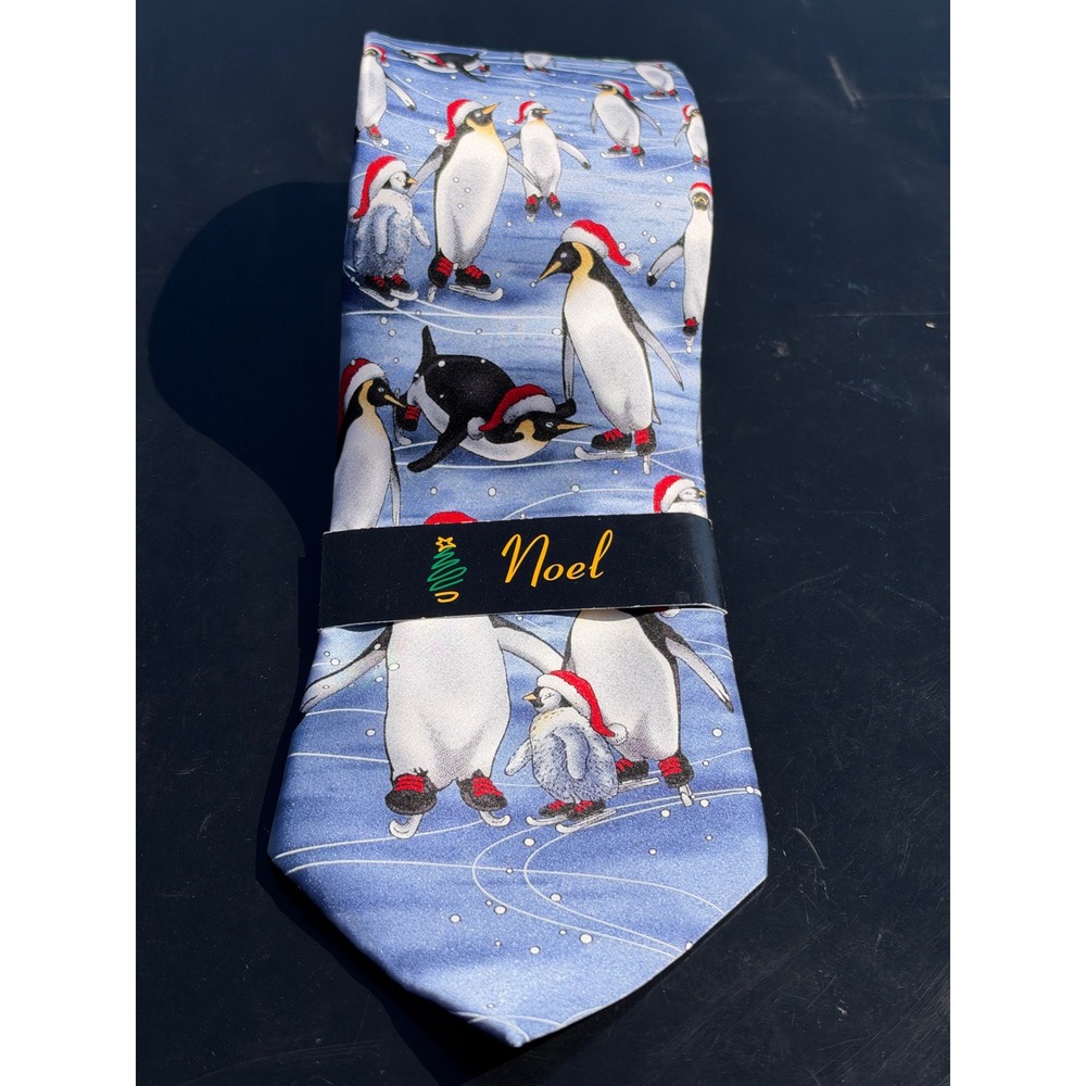 Noel Mens Christmas Silk Tie Blue Ice Skating Penguins Santa Hats Holiday